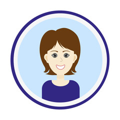 Female avatar. Cute woman’s portrait on blue background. Smiling girl face with brown medium long hair and forelock and grey eyes. Isolated vector illustration.