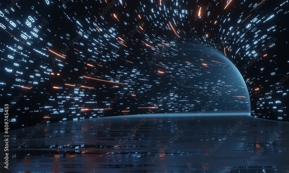 Poster 3d rendering of abstract fast moving binary computer data with reflection on glossy floor. high spee