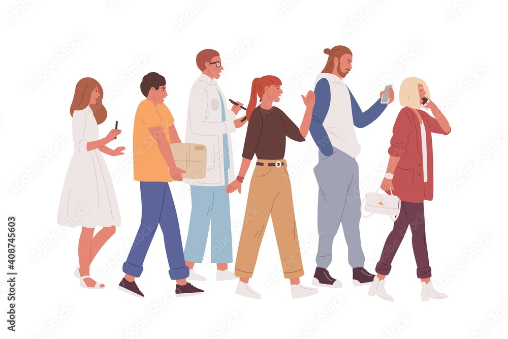 Poster Hurrying busy people walking in rush and talking on phone, taking notes and working on the move. Modern fast lifestyle. Colorful flat vector illustration isolated on white background