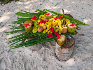 Fruit stall on Anse Georgette beach Praslin island, Seychelles