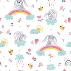 Seamless childish pattern of cute bunnies. Creative nursery texture. Perfect for kids design, fabric, wrapping, wallpaper, textile, apparel