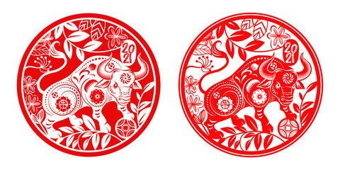 Chinese new year 2021 year of the ox,Red paper cut chinese Ox cow zodiac and flower in Rounded circle frame and china word mean ox  - obrazy, fototapety, plakaty