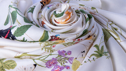 Natural white silk scarf with flowers  folded  beautifully close up. Silk texture, background. 