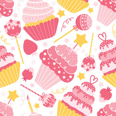 Seamless pattern of different pink sweets on a white background. Cake, cupcakes, muffins, lollipops, strawberries with cream. Festive design for birthday, wedding, anniversary. Vector illustration.