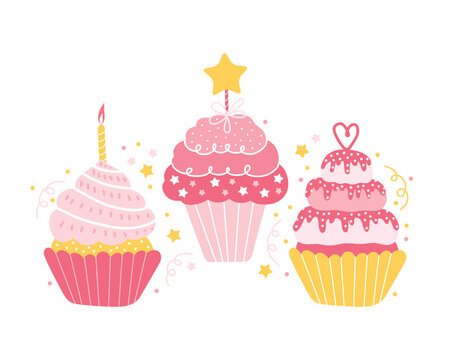 Set of different festive pink cupcakes isolated on a white background. Holiday cake for a wedding, birthday, anniversary. Elements for greeting card in cartoon style. Hand drawn vector illustration.