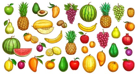 Fruits sketch icons, tropical exotic farm harvest, vector hand drawn. Color sketch fruit pineapple, apple and banana, grape, kiwi and avocado, melon, juicy watermelon, avocado and mango, cut and whole