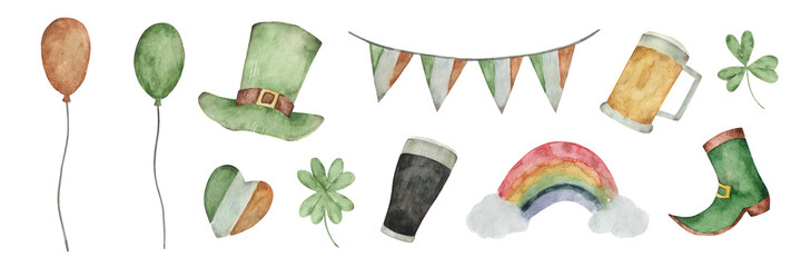 Large watercolor set for st patrick's day. Balloons, garland, leprechaun hat, pint of beer, clover, rainbow, shoe. Irish holiday.