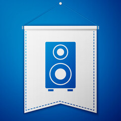 Blue Stereo speaker icon isolated on blue background. Sound system speakers. Music icon. Musical column speaker bass equipment. White pennant template. Vector.