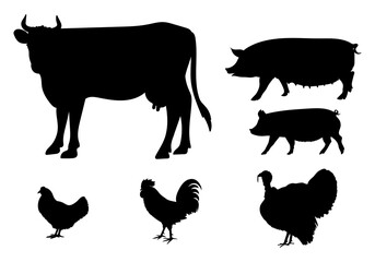 Farm animal icon set with cow, poultry and pig. Livestock black silhouettes. Vector illustration.