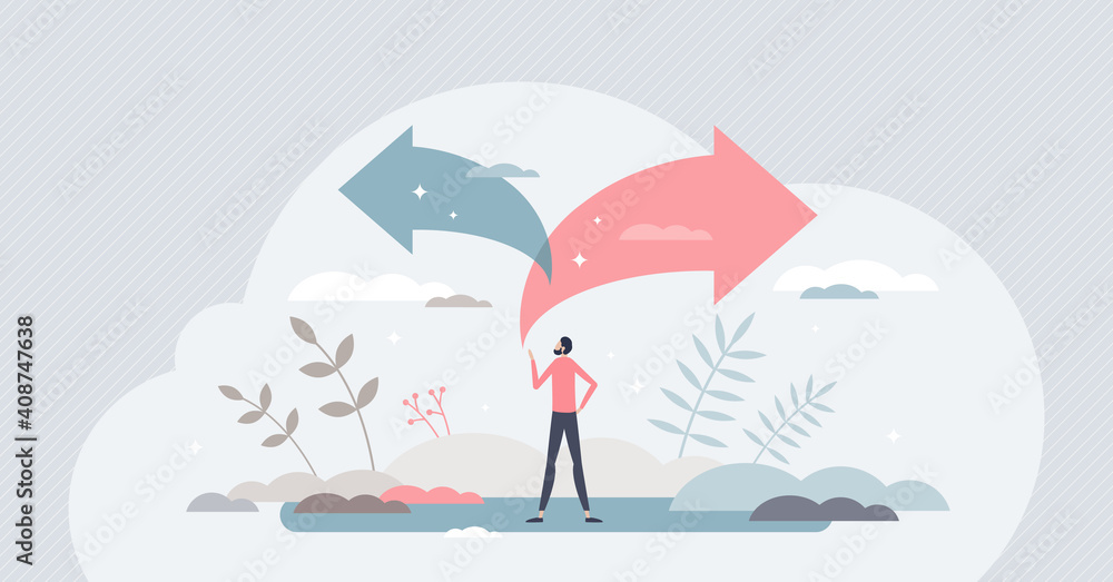Aufkleber choice decision as two split path options to choose from tiny person concept