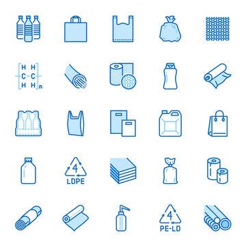 Low density polyethylene flat line icons. LDPE products - food package film, thermoresistant paper, garbage bag, plastic water bottle, bubble wrap vector illustrations. Blue color, Editable Stroke