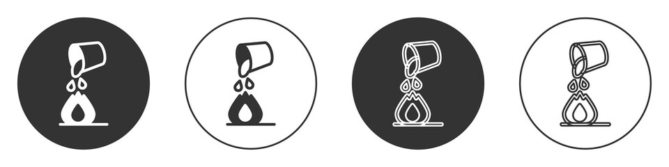 Black Water bucket extinguishing a fire icon isolated on white background. Circle button. Vector.