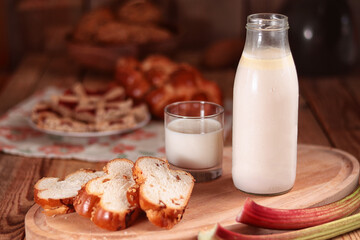 milk drink in a bottle, glass, cake