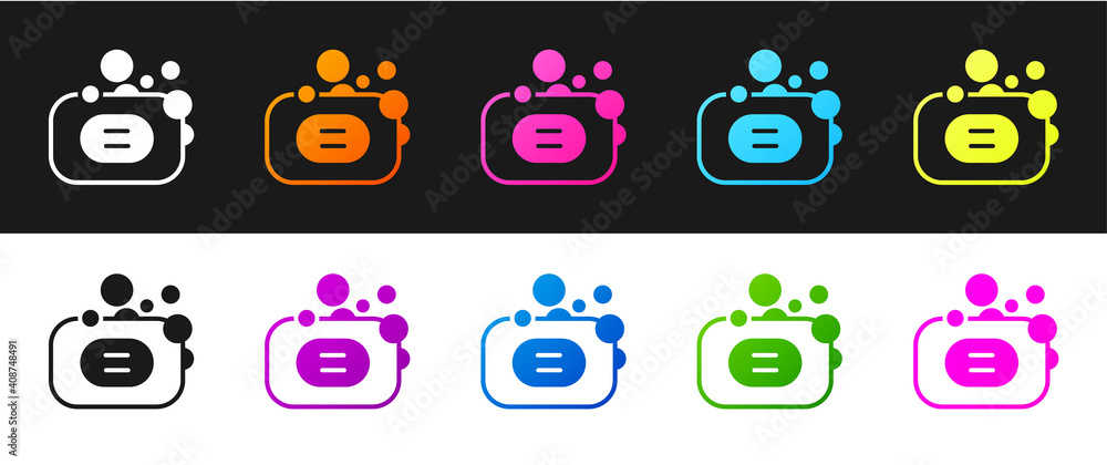 Aufkleber set bar of soap icon isolated on black and white background. soap bar with bubbles. vector.