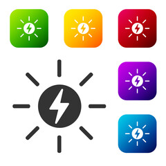 Black Solar energy panel icon isolated on white background. Sun with lightning symbol. Set icons in color square buttons. Vector.