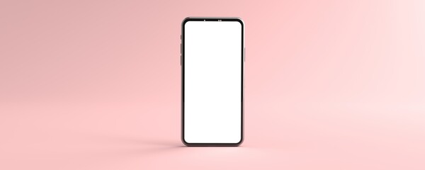 3D rendering of mockups Smartphone white screen on pink floor, Mobile phone lay down on the ground. Smartphone white screen can be used for commercial advertising, Isolated on pink background.