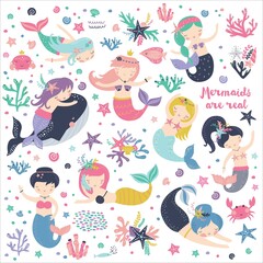 Mermaid vector set with cute characters isolated on white background Sea collection