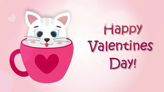 Happy valentine's day text on pink background with kitten in a mug and red hearts. Cute valentine animation video.
