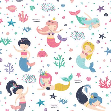 Seamless childish pattern with cute mermaids. Creative kids texture for fabric, wrapping, textile, wallpaper, apparel. Vector illustration