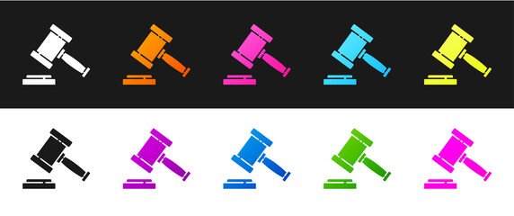 Set Judge gavel icon isolated on black and white background. Gavel for adjudication of sentences and bills, court, justice. Auction hammer. Vector.