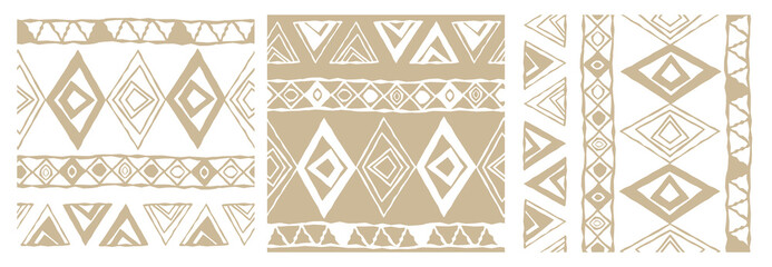 Beige and white ethnic monochrome abstract geometric pastel pattern of triangles is shown in three versions in different directions