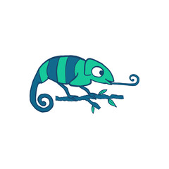Chameleon isolated on white background. Cute cartoon character green chameleon. Hand drawn illustration. Vector doodle sketch for children, kids, baby. Childrens picture for packaging, textiles fabric
