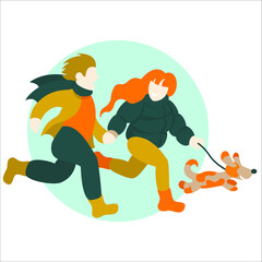 man and woman beating holding hands and leading the dog; illustration in flat style