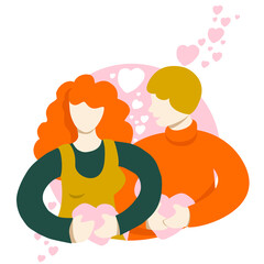 loving man and woman are holding hearts, illustration in the style of the flat