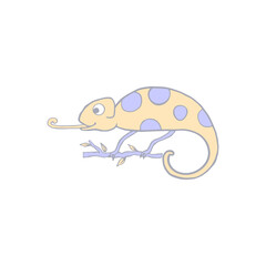 Chameleon isolated on white background. Cute cartoon character color chameleon. Hand drawn illustration. Vector doodle sketch for children, kids, baby. Childrens picture for packaging, textiles fabric