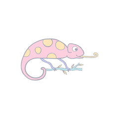 Chameleon isolated on white background. Cute cartoon character color chameleon. Hand drawn illustration. Vector doodle sketch for children, kids, baby. Childrens picture for packaging, textiles fabric