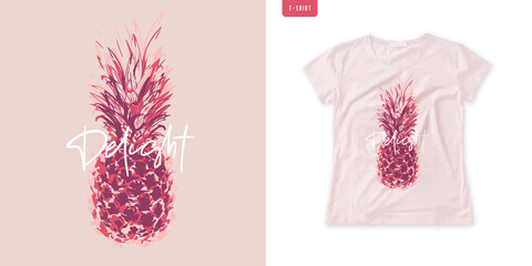Summer graphic womens tee with pineapple, stylish print, vector illustration