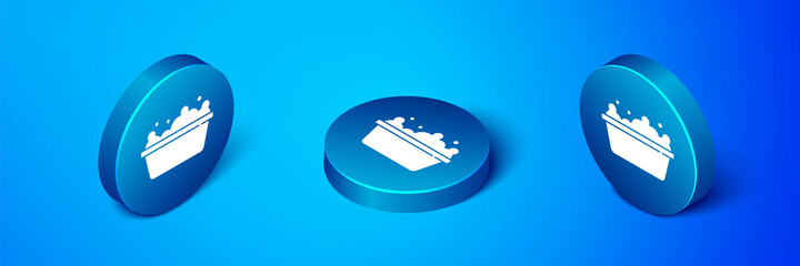 Isometric Baby bathtub with foam bubbles inside icon isolated on blue background. Blue circle button. Vector.