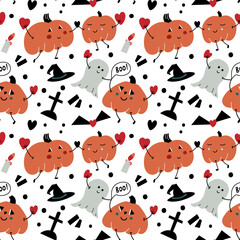 Fototapeta premium Vector seamless pattern on the theme of Halloween with cute pumpkins. In the style of hand drawing. Pumpkins, hearts, grave cross, hat, bat. For printing, for fabric, for wrapping.