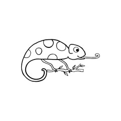 Chameleon isolated on white. Cartoon character. Hand drawn outline illustration, coloring page, monochrome. Vector doodle sketch for kids, baby. Childrens drawings for packaging, textiles, fabric