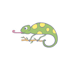 Chameleon isolated on white background. Cute cartoon character color chameleon. Hand drawn illustration. Vector doodle sketch for children, kids, baby. Childrens picture for packaging, textiles fabric