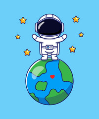Cute astronaut standing on planet earth