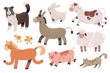 Cute farm animals collection, colored vector illustrations of cow, pig and sheepdog with textured effect. Colored doodle drawing isolated on white background.