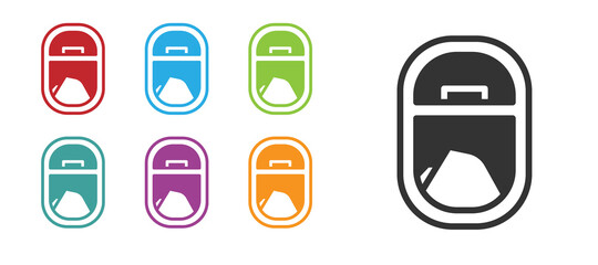 Black Airplane window icon isolated on white background. Aircraft porthole. Set icons colorful. Vector.