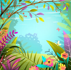 Fototapeta na wymiar Fairy forest or jungle background, green and colorful lush foliage, trees and grass. Magic landscape frame for poster design cards or invitations. Vector illustration in watercolor vibrant style.