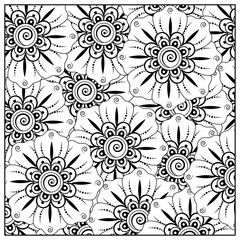 Outline square floral pattern in mehndi style for henna, mehndi, tattoo, decoration. decorative ornament in ethnic oriental style. doodle ornament. outline hand draw illustration. coloring book page.