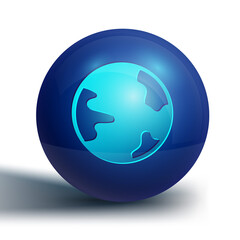 Blue Worldwide icon isolated on white background. Pin on globe. Blue circle button. Vector.