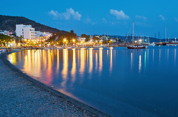 Bodrum night cityscape. Panoramic view over the bay in Bodrum