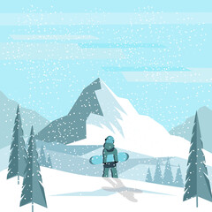 The snowboarder is preparing for the descent from the mountain. Vector illustration.