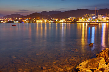 Obraz premium View of the Gumusluk Bodrum Marina, sailing boats and yachts in Bodrum town, city of Turkey.