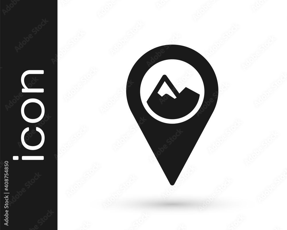 Poster black map pointer with mountain icon isolated on white background. mountains travel icon. vector.