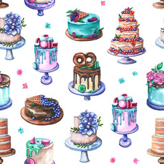 Watercolor hand-drawn seamless pattern with sponge cakes. Illustration with biscuits isolated on a white background for a sweet shop, confectionery, pastry shop.