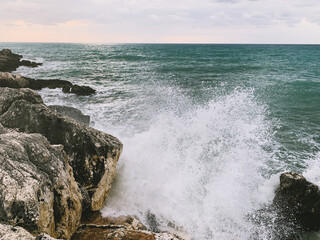 Rocky coastline background, sea view
