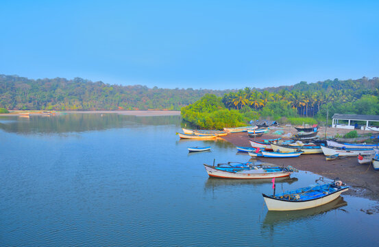 Boats kept on a river near Agonda, Goa.