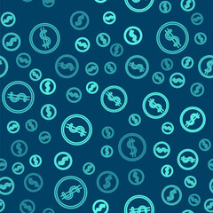 Green line Coin money with dollar symbol icon isolated seamless pattern on blue background. Banking currency sign. Cash symbol. Vector Illustration.