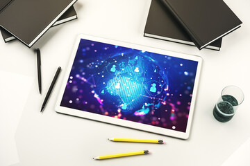 Social network media concept with world map on modern digital tablet display. Top view. 3D Rendering